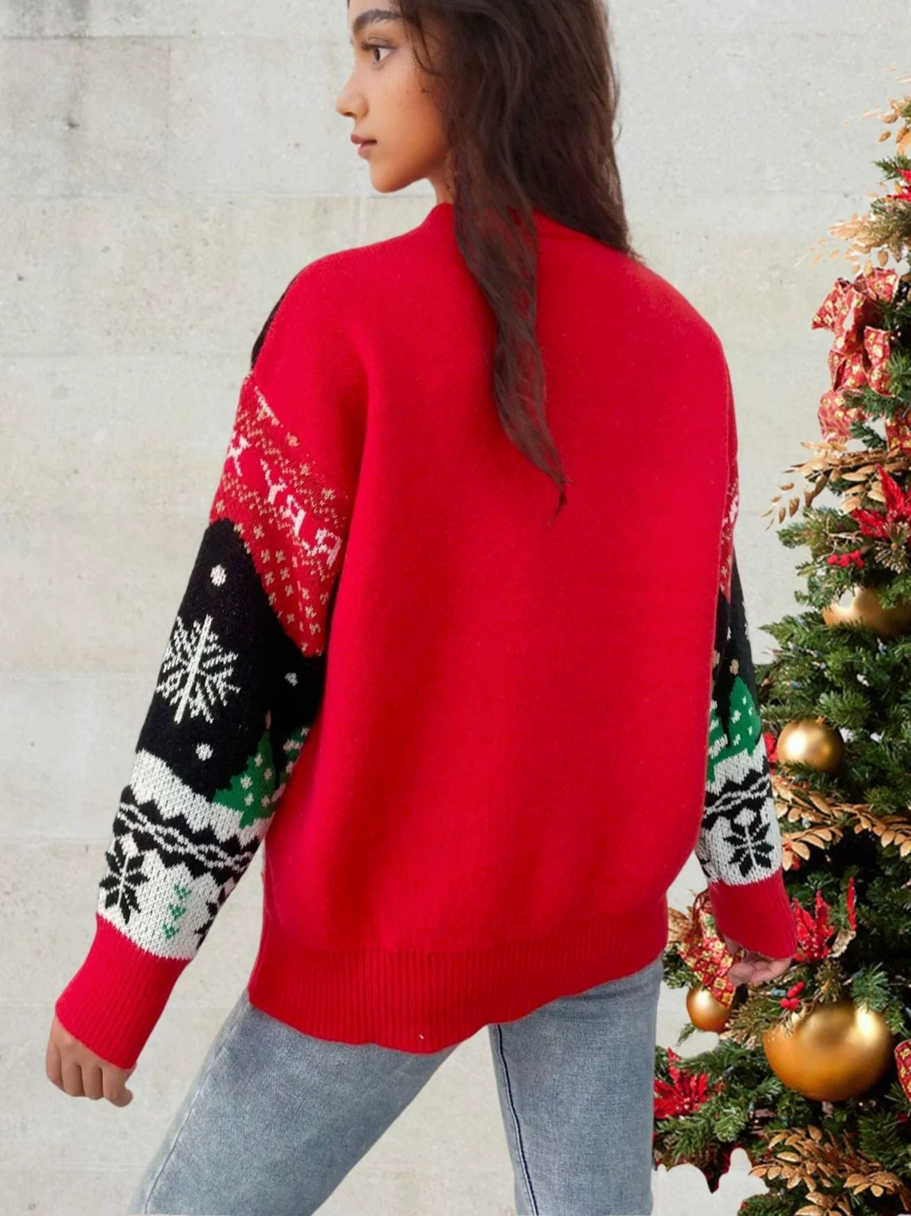 Pull femme – Maille laine – Coupe ample – Motifs festifs – Col rond