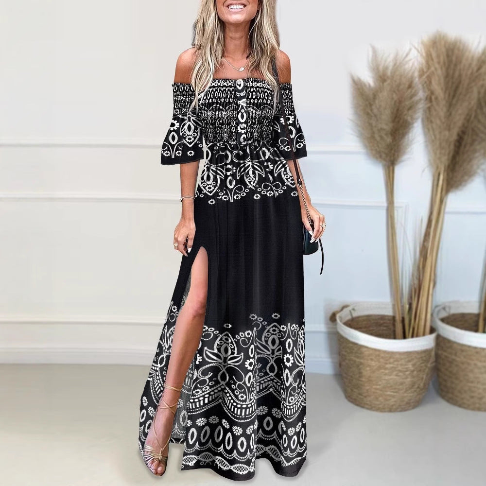 Robe longue femme – Coupe élégante – Épaules dénudées – Fente haute – Tissu léger imprimé