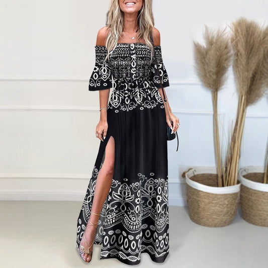 Robe longue femme – Coupe élégante – Épaules dénudées – Fente haute – Tissu léger imprimé