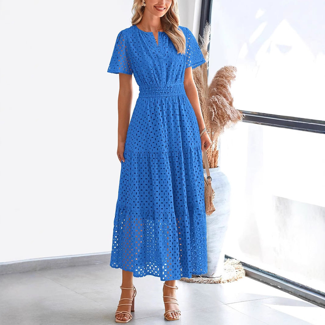 Robe longue femme – Dentelle brodée – Coupe fluide – Manches courtes – Col en V