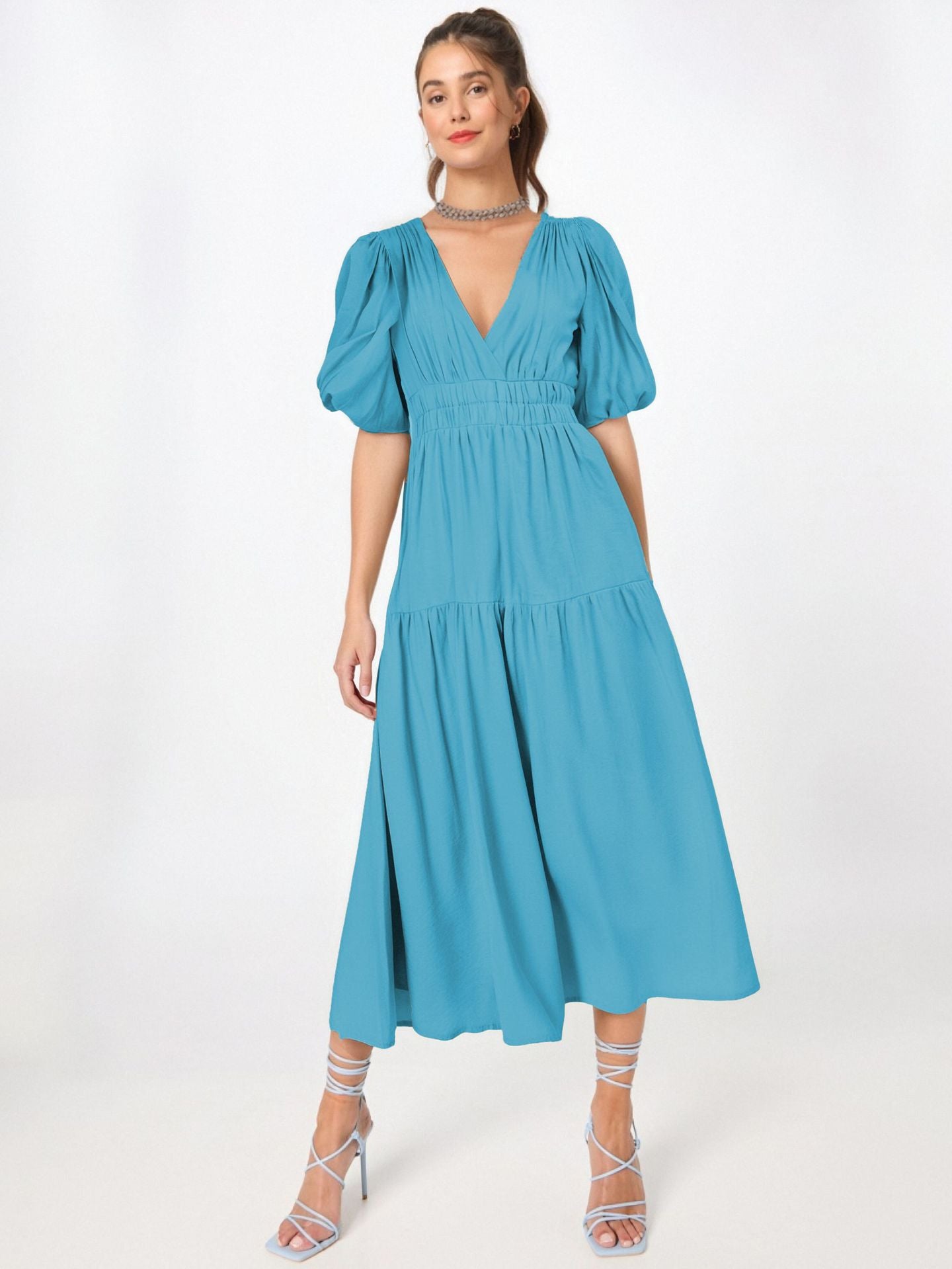 Robe midi femme – Taille cintrée – Manches bouffantes – Décolleté en V – Jupe fluide à volants