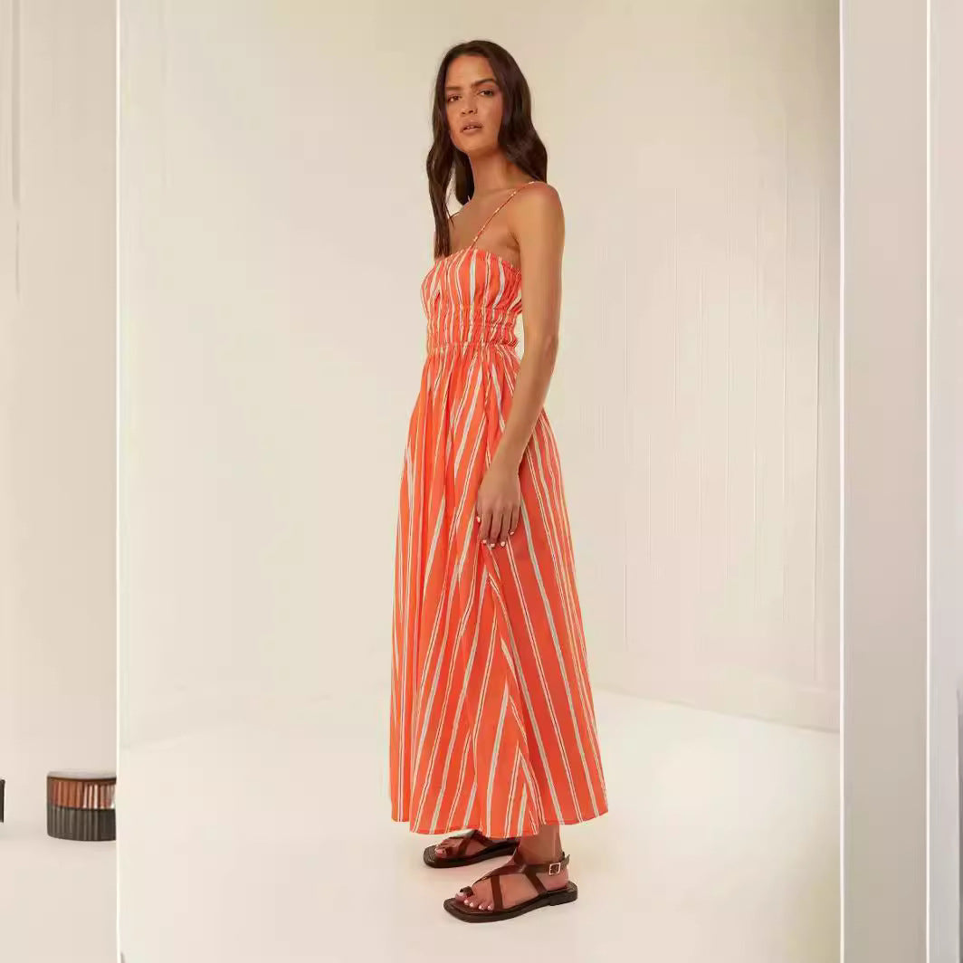 Robe longue femme – Épaules dénudées – Bretelles fines – Coupe fluide – Haut froncé