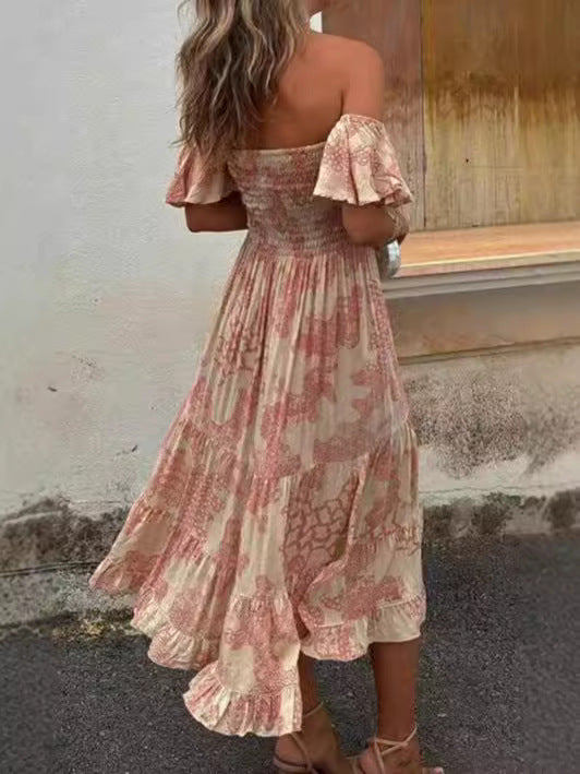 Robe Femme Épaules Dénudées – Coton Mélangé – Manches Volantées – Taille Smockée – Longueur Midi