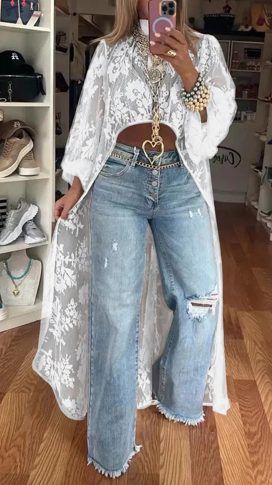 Robe longue femme – Voile floral transparent – Coupe fluide élégante – Manches amples