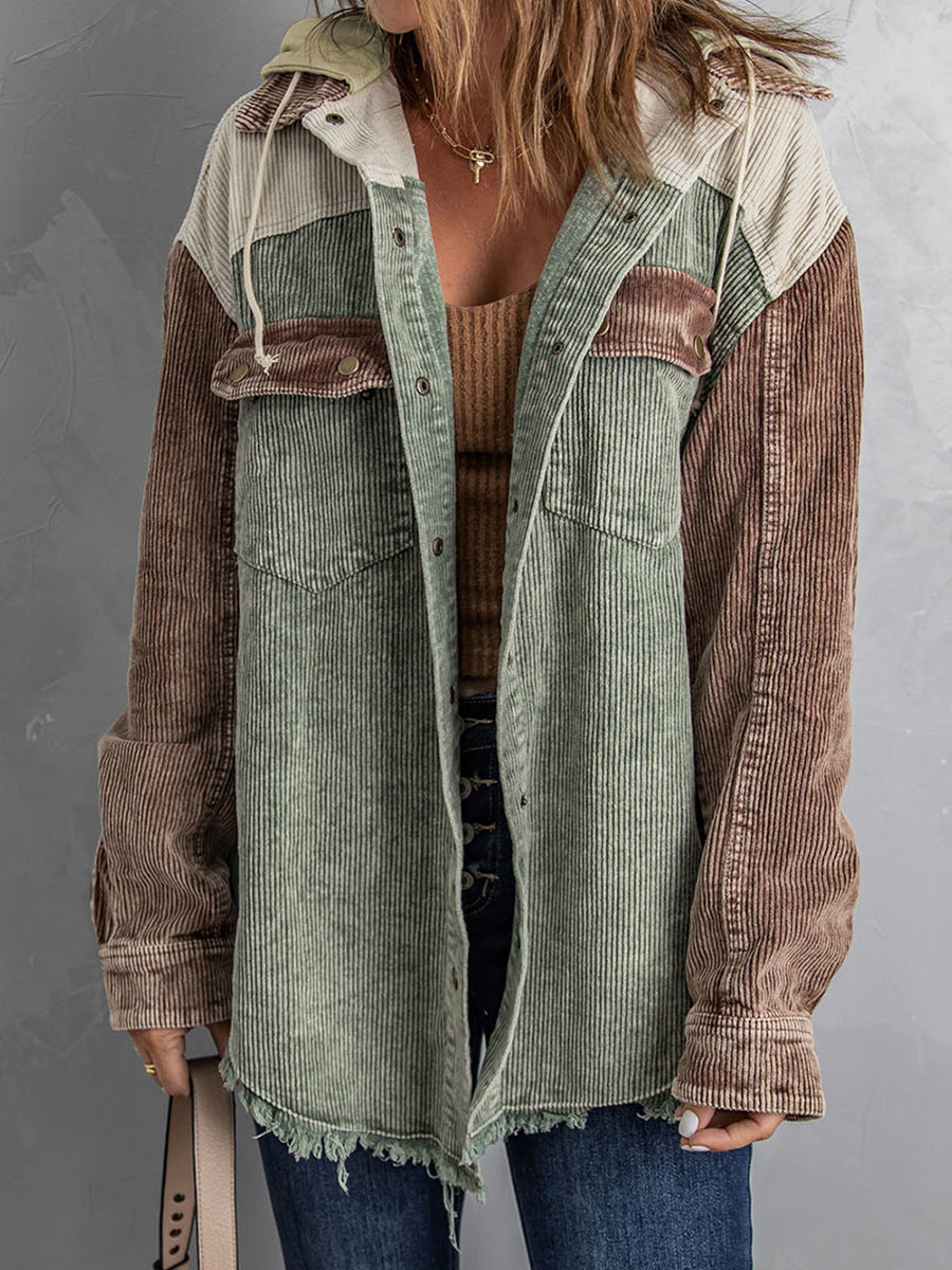 Veste à capuche femme – Coupe oversize – Velours côtelé – Ourlet effiloché – Boutons