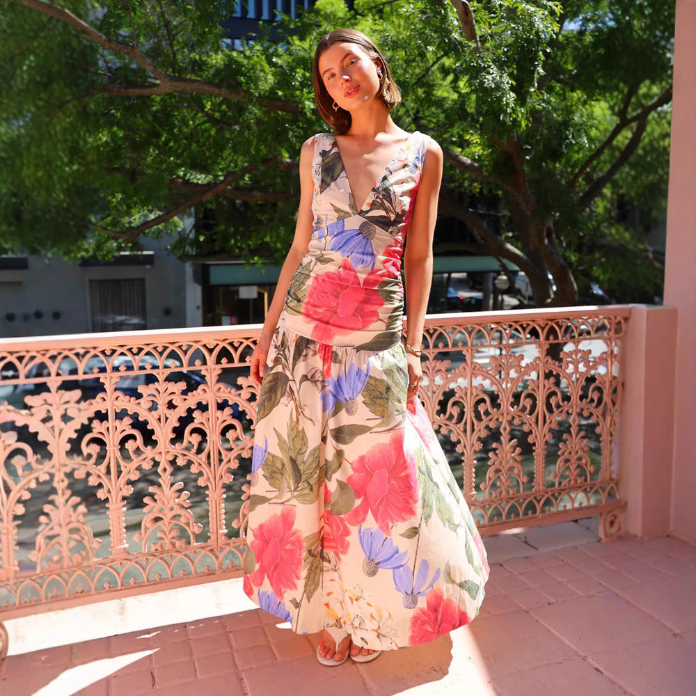 Robe longue femme – Coupe ajustée – Décolleté V – Bretelles fines – Motif fleuri