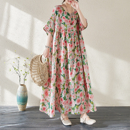Robe longue femme – imprimé fleuri – coupe ample – manches trois-quarts – fluide