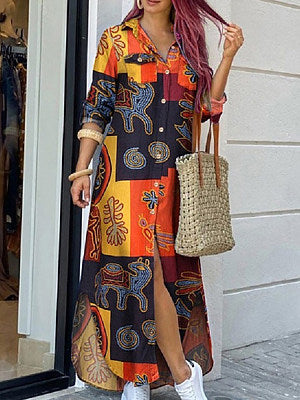 Robe longue imprimée à col boutonné et manches longues pour femme