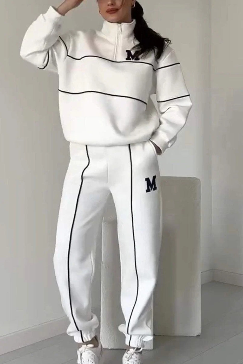 Survêtement femme – Coton mélangé – Coupe décontractée – Haut demi-zip – Jogging élastique