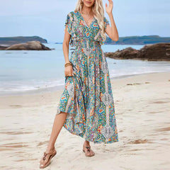 Robe longue femme – Tissu respirant – Décolleté plongeant – Manches amples boho