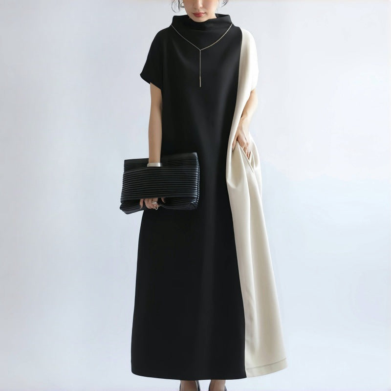 Robe midi femme – Coupe ample – Col montant – Manches chauve-souris – Bicolore