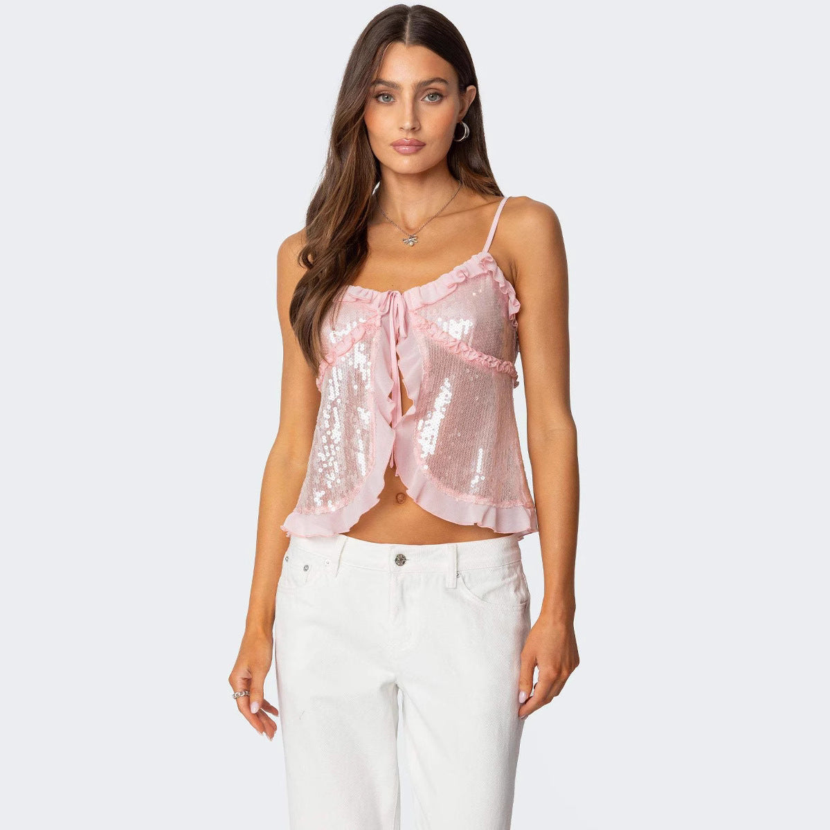 Top court dos nu femme – Sequins brillants – Coupe ajustée – Volants décoratifs