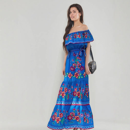 Robe longue femme – Épaules dénudées – Imprimé fleuri – Taille ceinturée – Jupe à volants