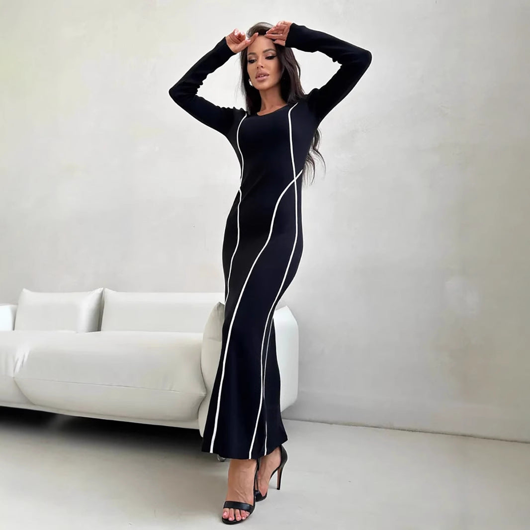 Robe moulante femme – Col rond – Manches longues – Coupe slim – Lignes contrastées