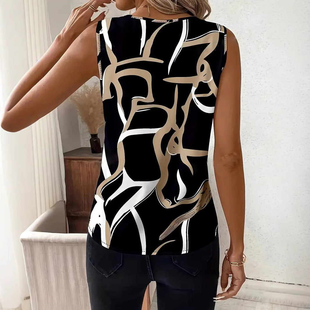 Top sans manches femme – Coupe décontractée – Col en V – Imprimé abstrait – Tissu léger