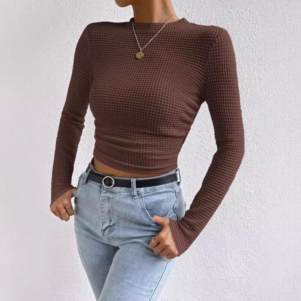 Top court femme – Manches longues – Ajusté – Taille froncée – Maille texturée douce