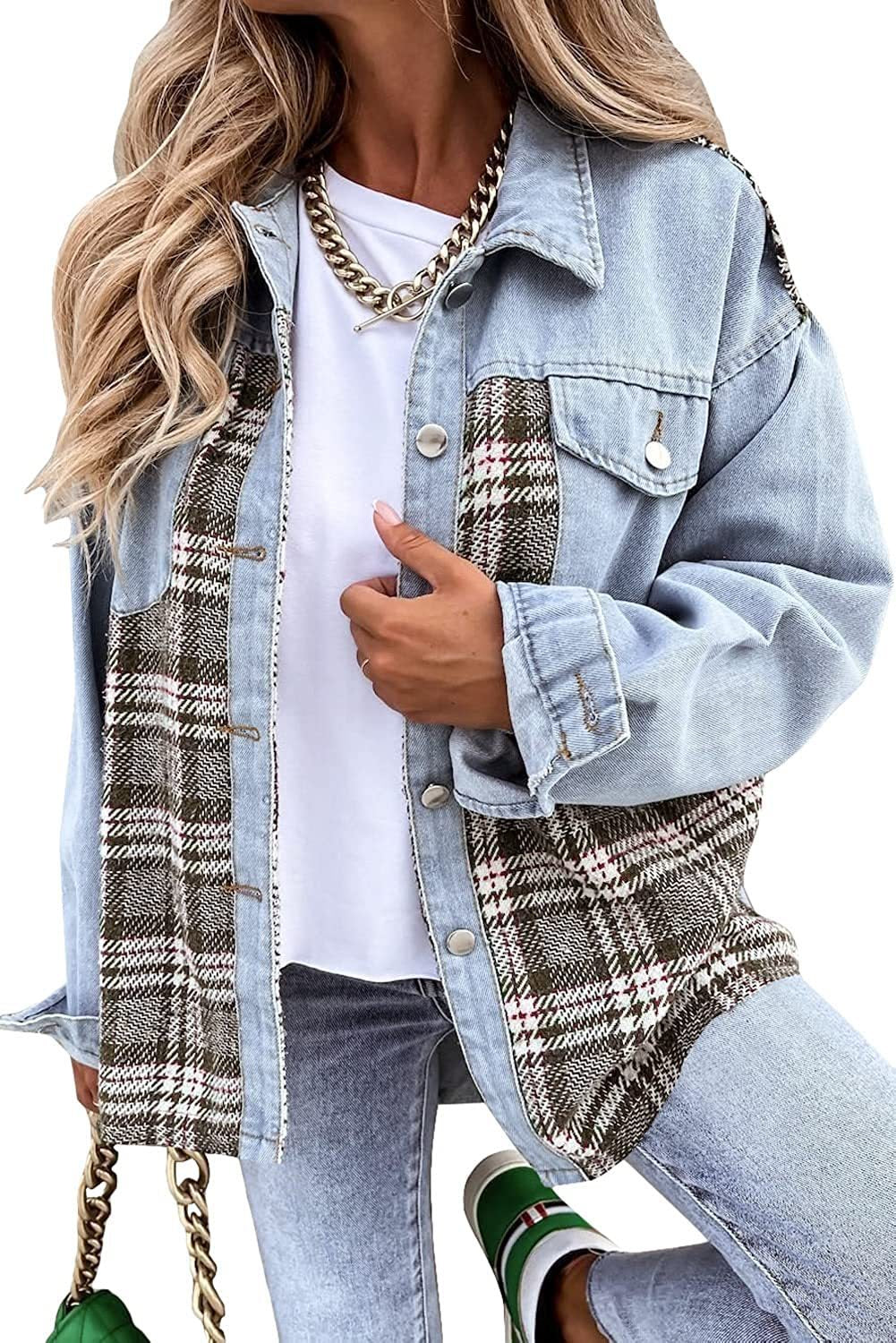 Veste femme – Coupe oversize – Empiècements jean et carreaux – Manches longues