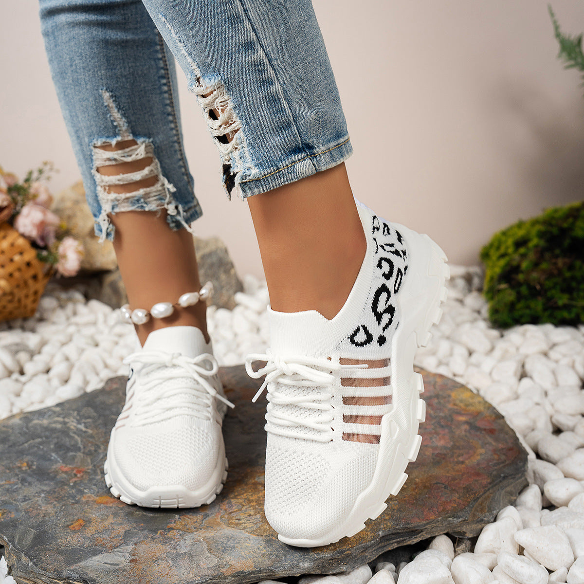 Baskets femme – Flyknit respirant – Semelle ondulée – Imprimé léopard – Basique