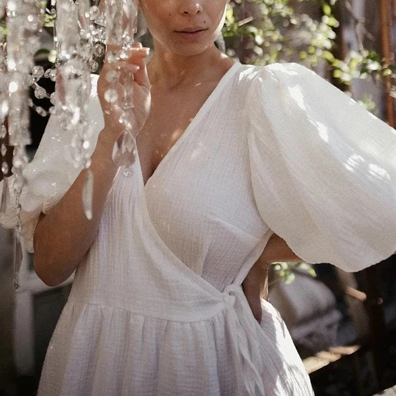 Robe femme longue – Coupe fluide – Manches bouffantes – Col en V – Taille cintrée