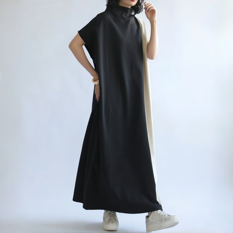 Robe midi femme – Coupe ample – Col montant – Manches chauve-souris – Bicolore
