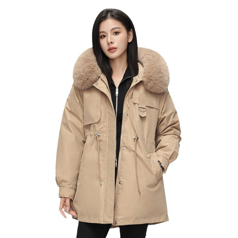 Veste parka femme – Coupe oversize – Capuche fausse fourrure – Taille ajustable