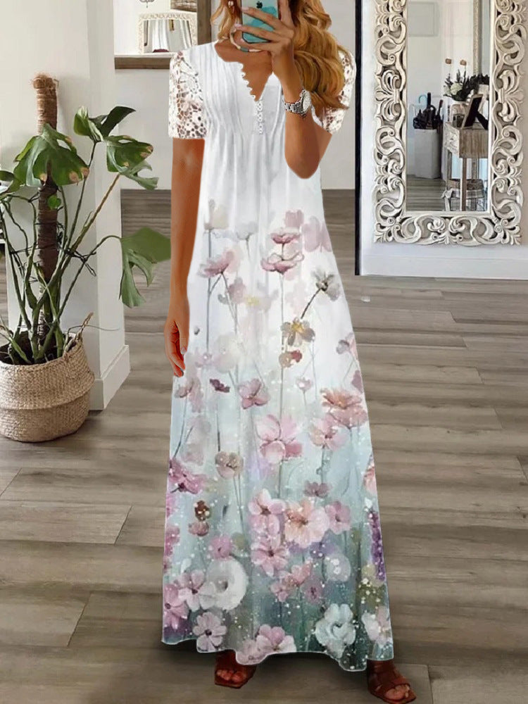 Robe longue femme – Coupe fluide – Manches courtes dentelle – Boutonnage élégant