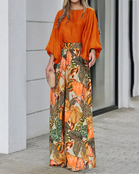 Ensemble Femme – Pantalon Large Taille Haute – Blouse Manche Chauve-Souris Fluide