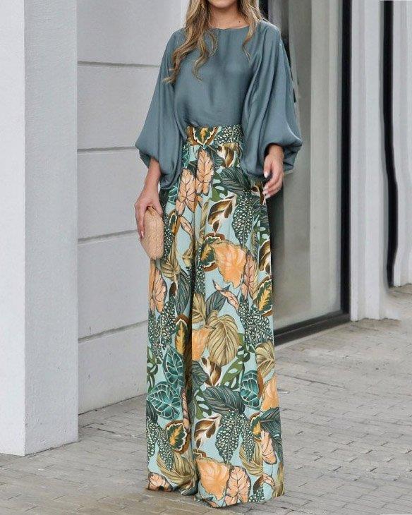 Ensemble Femme – Pantalon Large Taille Haute – Blouse Manche Chauve-Souris Fluide