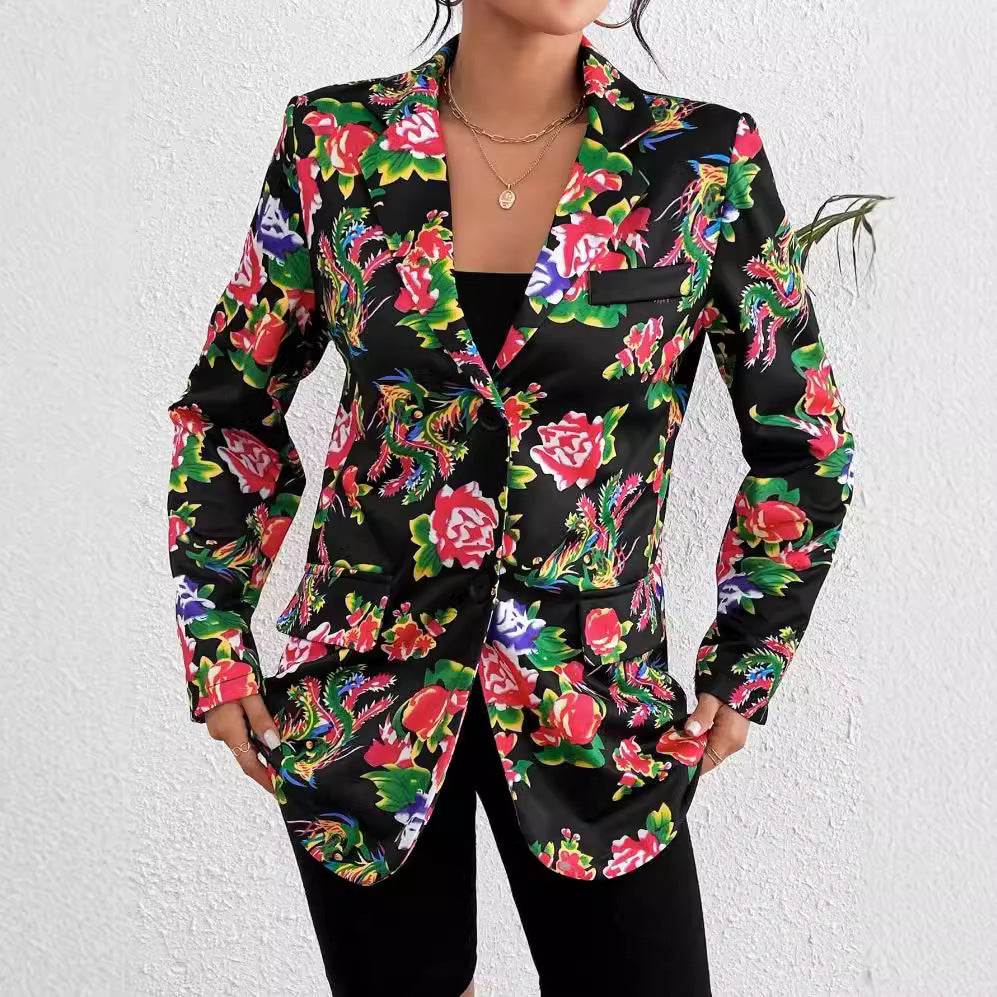 Blazer femme – Coupe slim – Imprimé floral – Fermeture un bouton – Longueur hanches