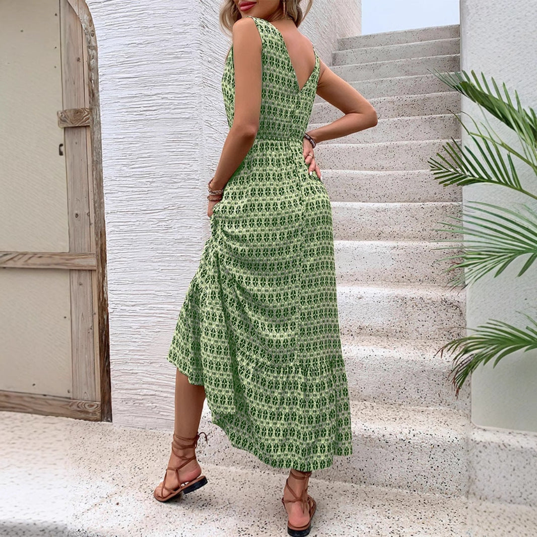 Robe midi sans manches femme – Imprimé bohème – Décolleté en V – Coupe fluide