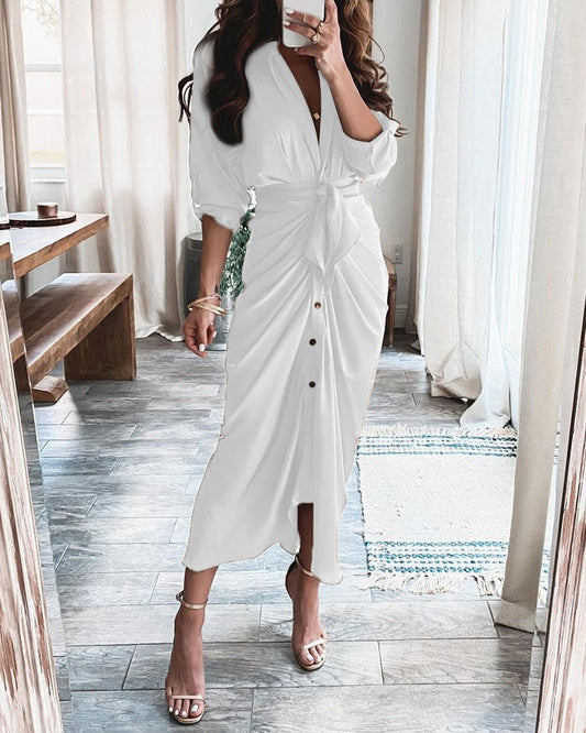 Robe longue femme – Coupe fluide – Décolleté en V – Manches longues – Coton doux