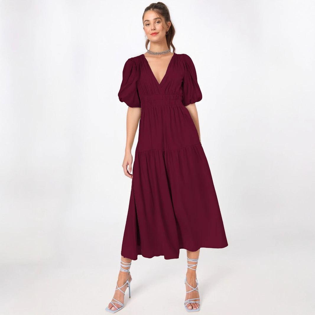 Robe midi femme – Taille cintrée – Manches bouffantes – Décolleté en V – Jupe fluide à volants