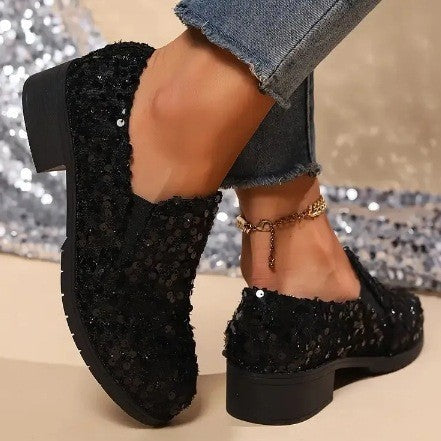 Mocassins Femme – Tissu Souple – Sequins Brillants – Bout Rond – Semelle Plate