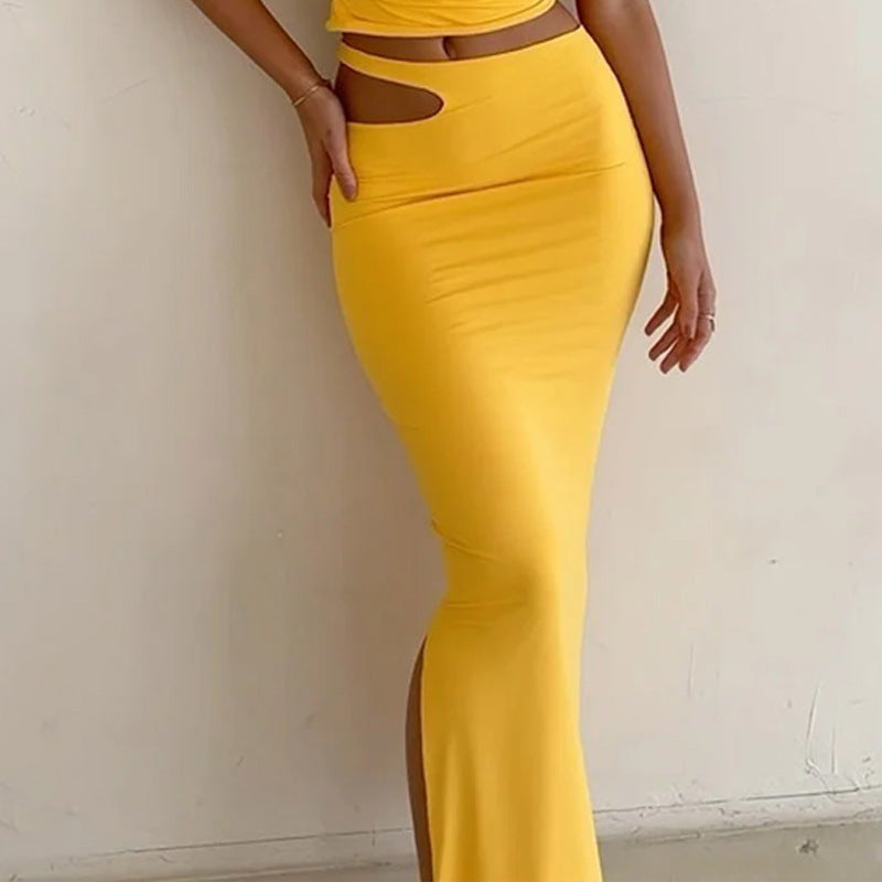 Ensemble Jupe Femme – Coupe Slim – Top Asymétrique – Jupe Midi à Découpe