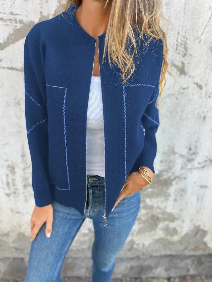 Veste tricotée femme – Laine – Coupe décontractée – Fermeture zippée – Poches latérales
