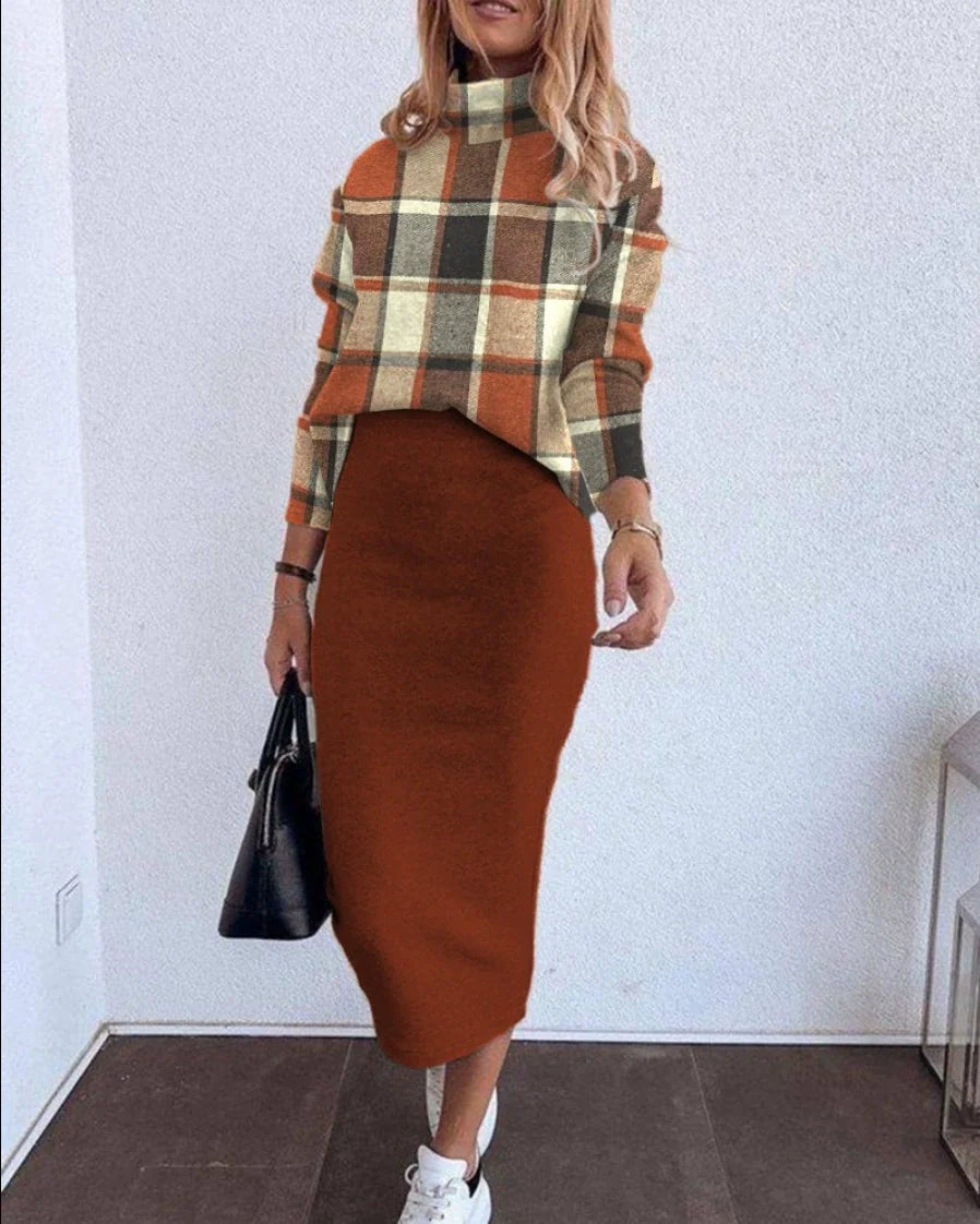 Ensemble Femme Deux Pièces – Maille Stretch – Haut Manches Longues – Jupe Midi Ajustée