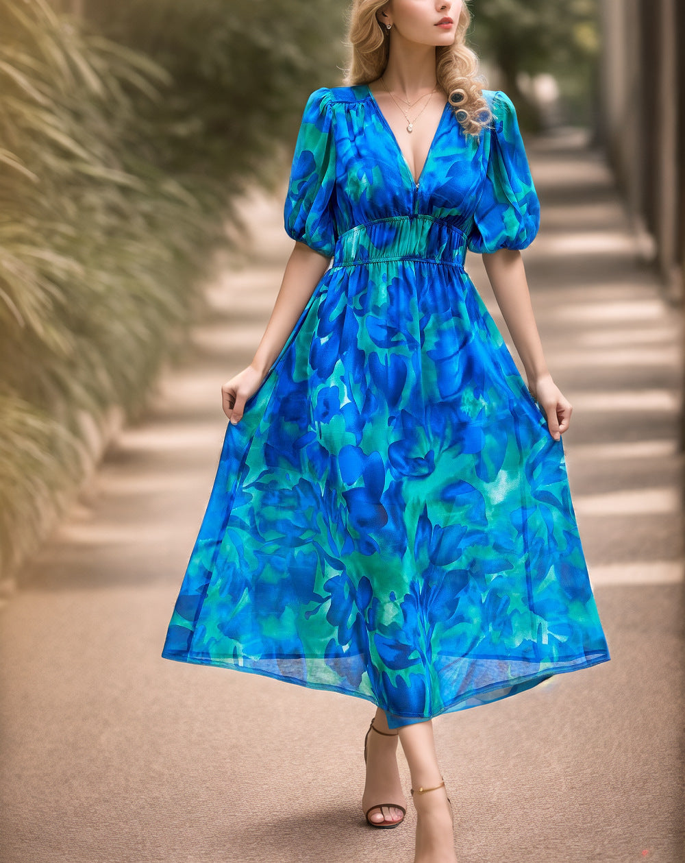 Robe midi femme – Taille cintrée – Manches bouffantes – Décolleté en V – Tissu respirant