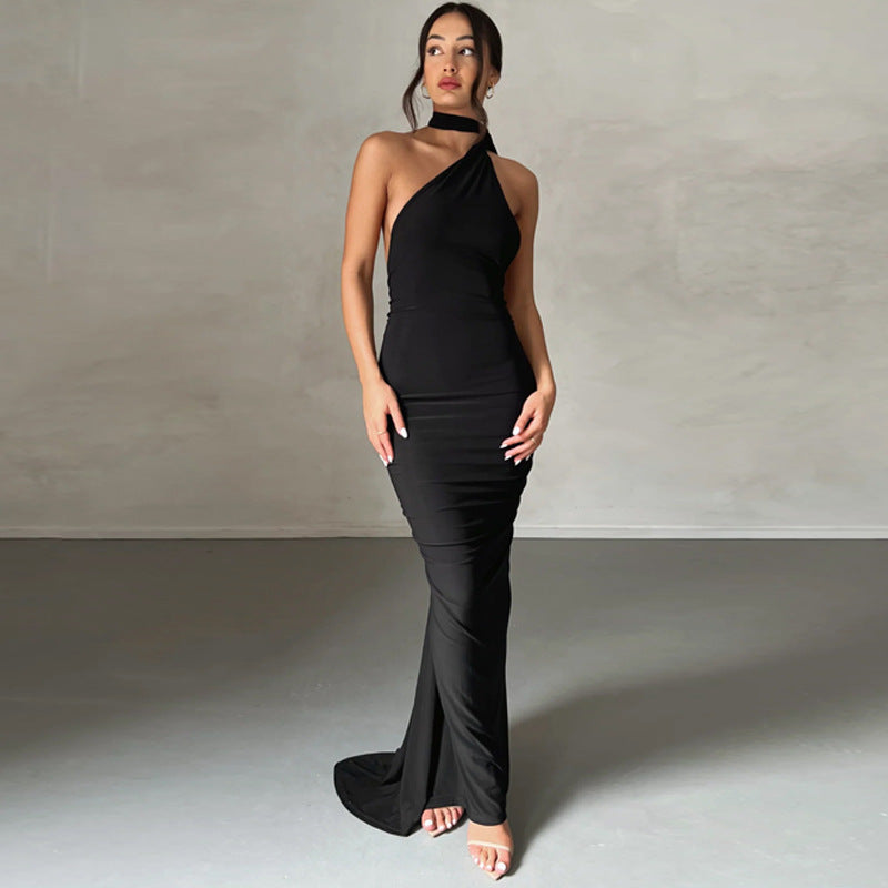 Robe Femme Longue – Coupe Slim – Épaule Dénudée – Encolure Asymétrique – Fronces