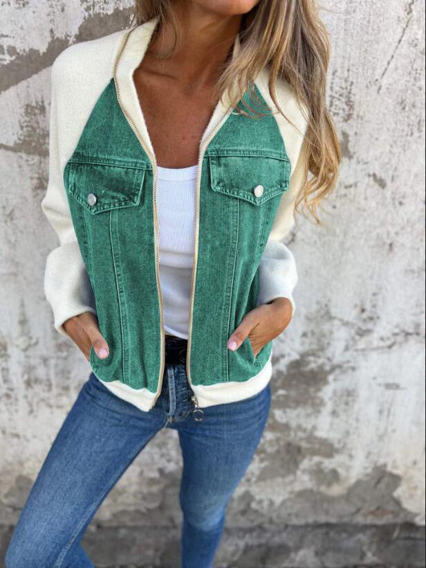 Blouson femme – Style bomber – Laine mélangée – Empiècements denim – Coupe droite