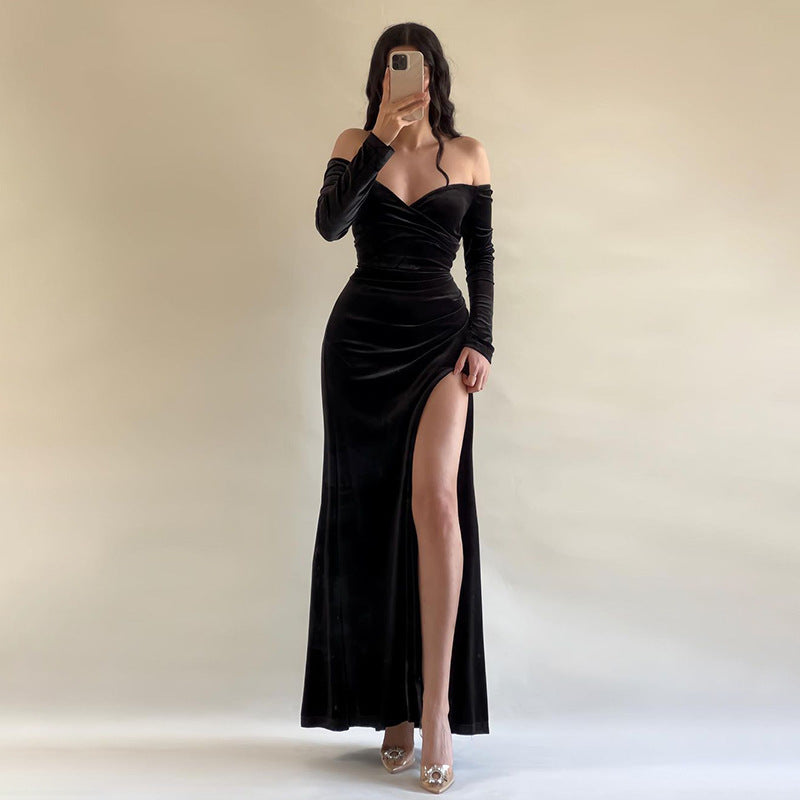 Robe longue femme – Velours – Épaules dénudées – Fente haute – Manches longues