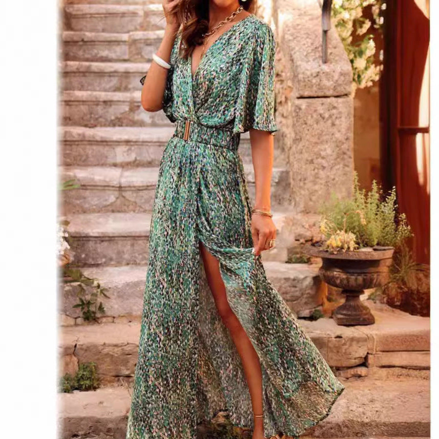 Robe longue femme – Style portefeuille – Ceinture à la taille – Manches courtes fluide
