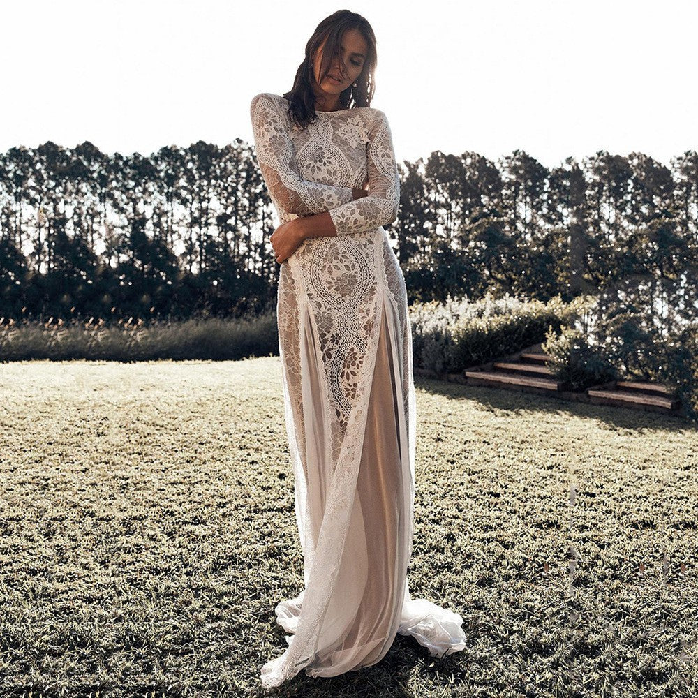 Robe maxi femme – Coupe moulante élégante – Dentelle intégrale – Manches trois-quarts