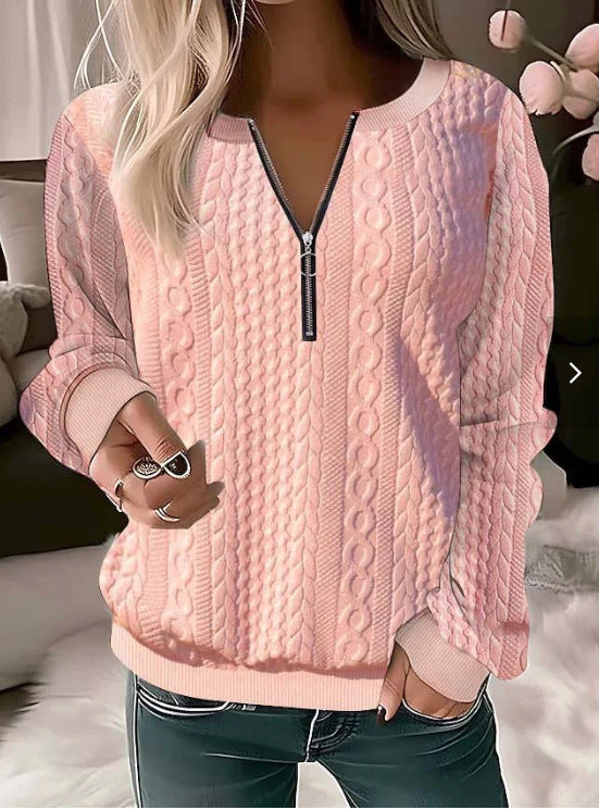 Pull femme – Tricot torsadé – Coupe décontractée – Col zippé ajustable – Laine douce