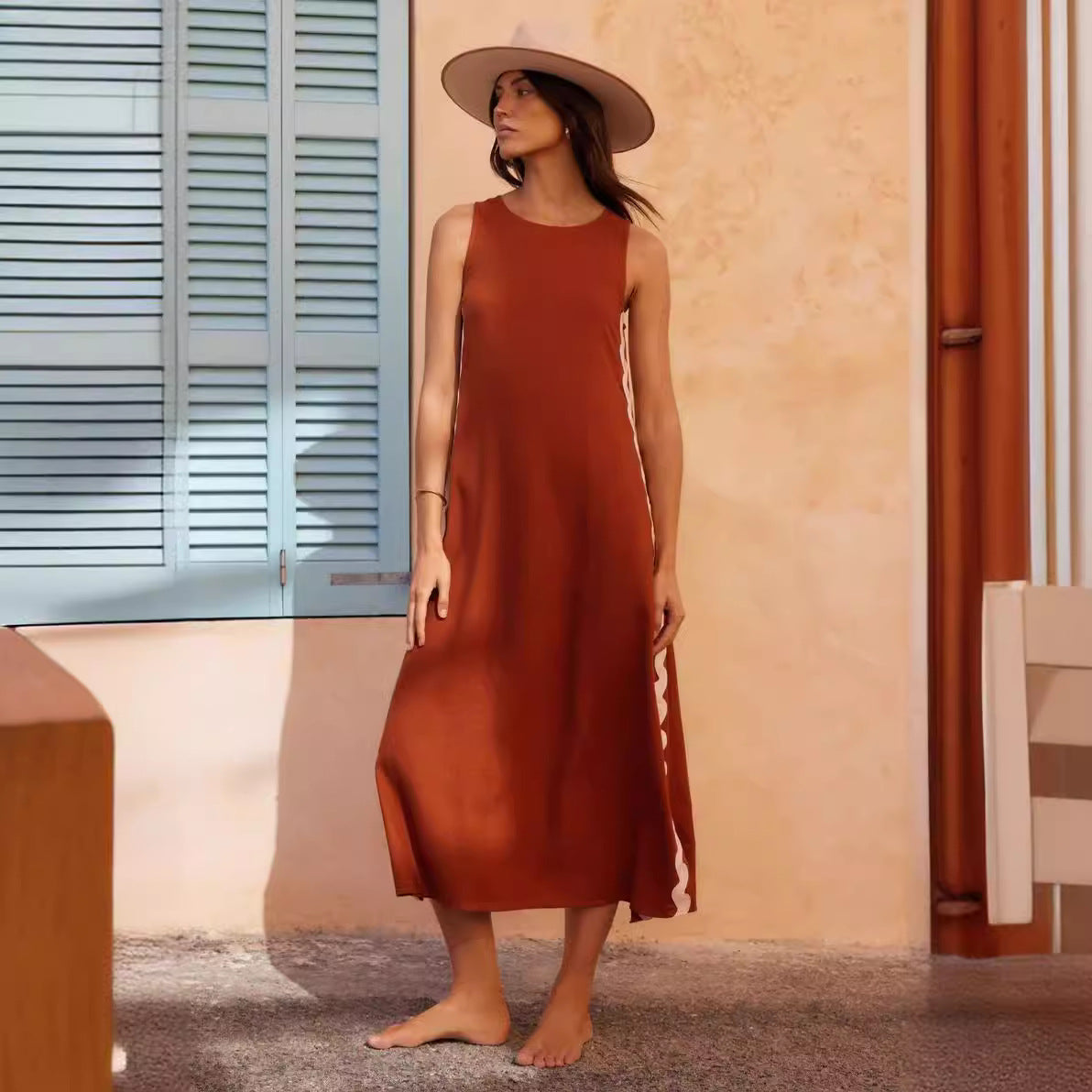 Robe sans manches femme – Coupe décontractée – Col rond – Longueur midi respirante
