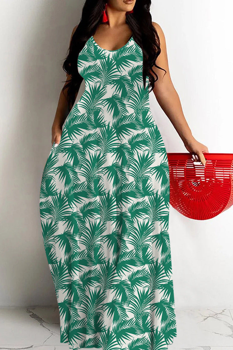 Robe longue femme – Coupe fluide – Décolleté en V – Bretelles fines – Imprimé abstrait