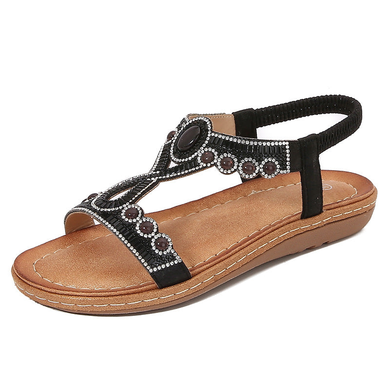 Sandales femme – Semelle plate – Bride élastique – Perles et cristaux boho chic