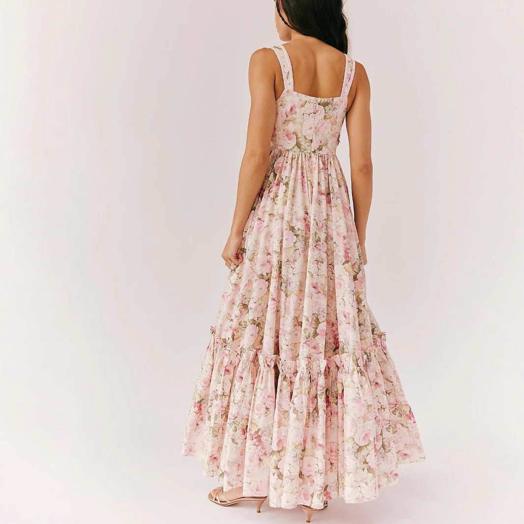 Robe longue femme – Mousseline fluide – Imprimé fleuri – Bretelles fines – Plissée