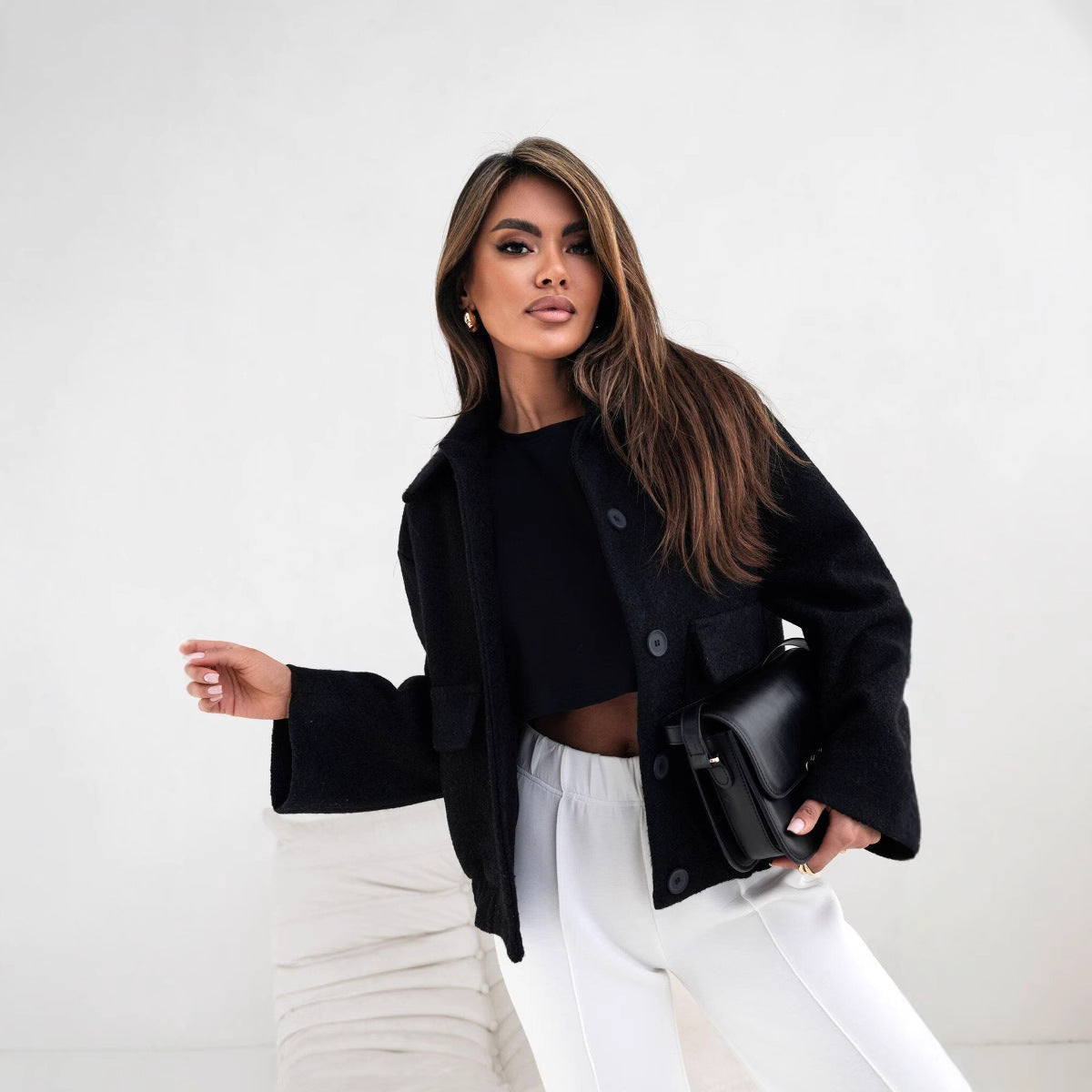 Femme Veste - Laine Mélangée - Coupe Oversize - Longueur Courte - Col Chemise