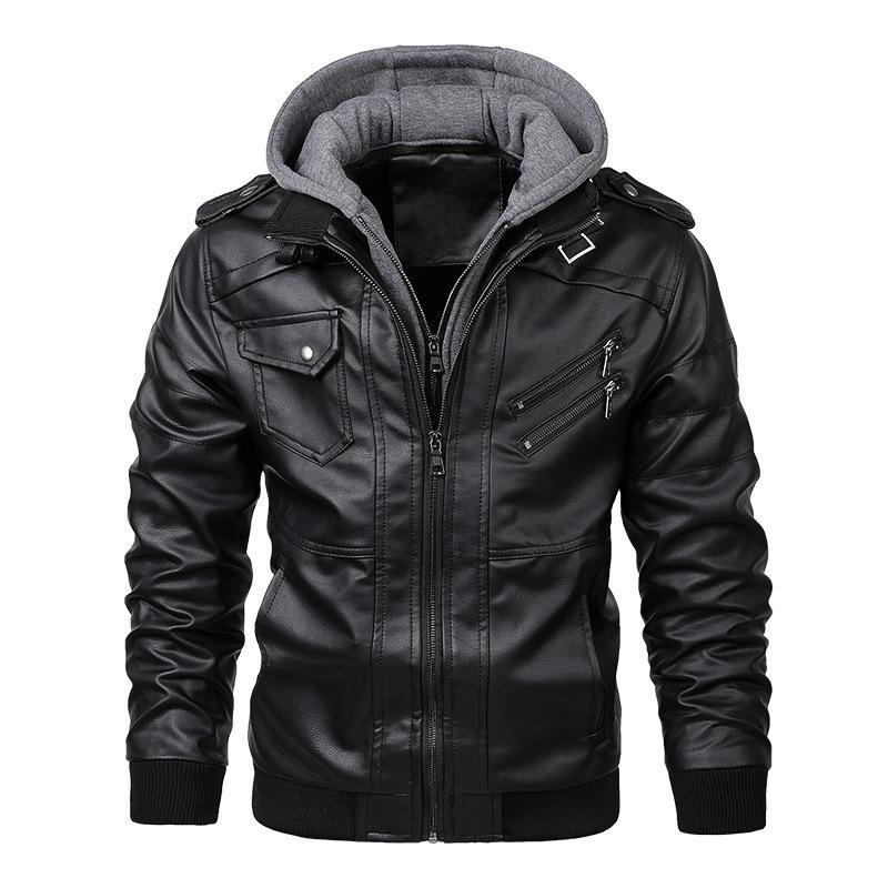 Veste en cuir à capuche pour homme - Fermeture éclair - Coupe décontractée