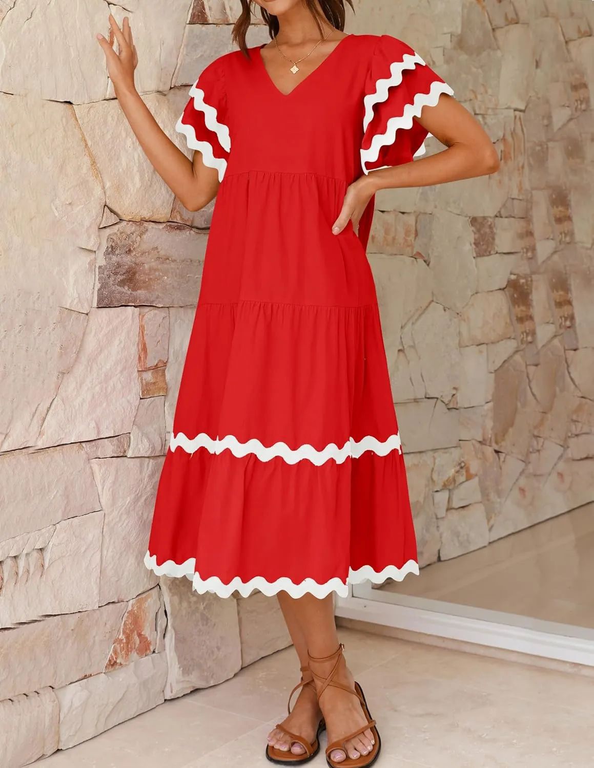Robe midi femme – Encolure en V – Manches volantes – Coupe fluide – Tissu respirant